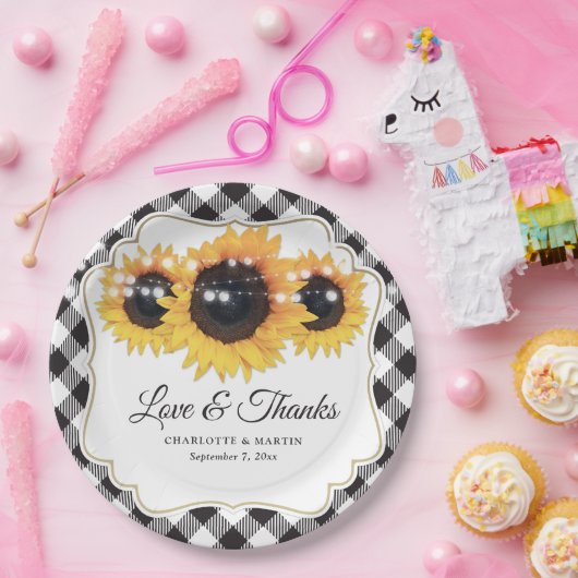 Zwart Wit Buffalo Plaid Zonnebloem Bloemen Huwelij Papieren Bordje (Feest)