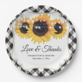 Zwart Wit Buffalo Plaid Zonnebloem Bloemen Huwelij Papieren Bordje (Voorkant)