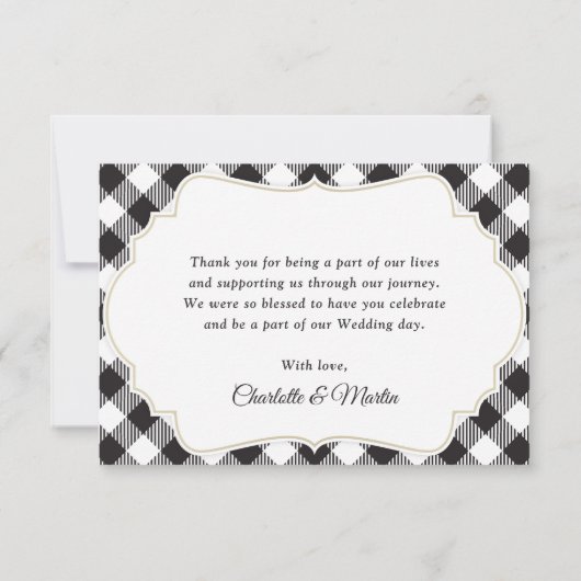 Zwart-wit Buffalo Plaid Zonnebloem Huwelijk Bedankkaart (Achterkant)