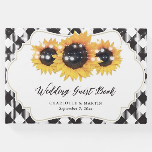 Zwart-wit Buffalo Plaid Zonnebloem Huwelijk Gastenboek (Voorkant)