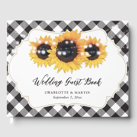 Zwart-wit Buffalo Plaid Zonnebloem Huwelijk Gastenboek (Voorkant)