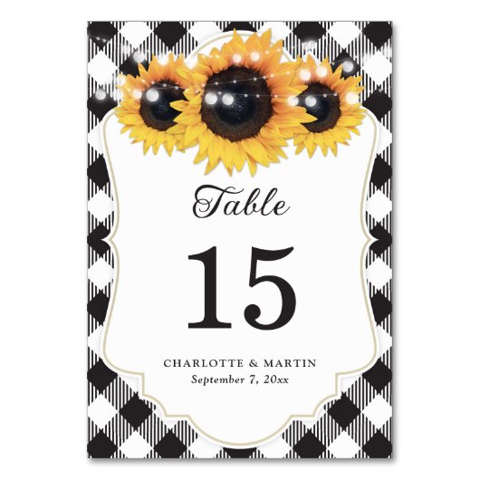Zwart-wit Buffalo Plaid Zonnebloem Huwelijk Kaart (Achterkant)