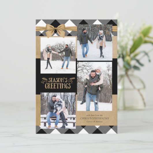 Zwart & Wit Buffel Check Bruin Kraft Bow Feestdagenkaart (Staand voorkant)