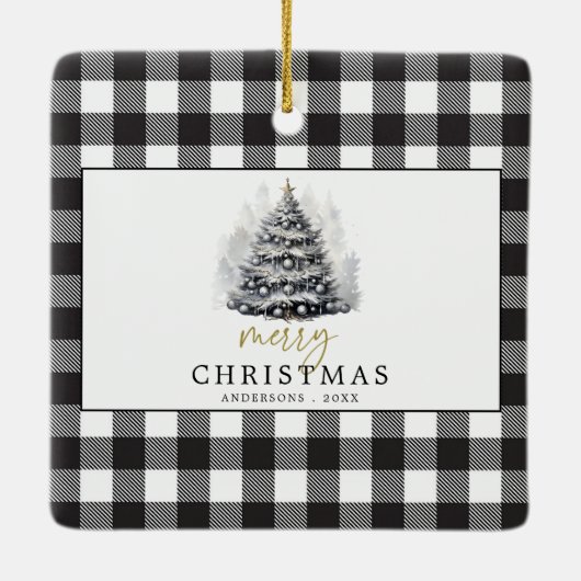 Zwart Wit Buffel Check Plaid Vrolijk Kerstfeest Keramisch Ornament (Achterkant)