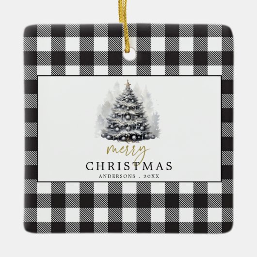 Zwart Wit Buffel Check Plaid Vrolijk Kerstfeest Keramisch Ornament (Voorkant)