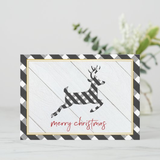 Zwart-wit buffel geruit rendier Kerstmis Feestdagenkaart (Staand voorkant)