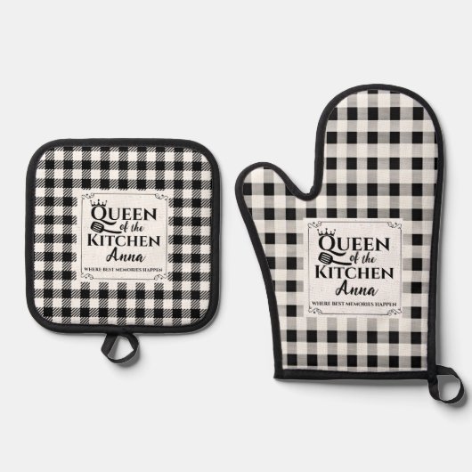 Zwart-wit Buffel Plaid Custom Text Keuken Ovenwant & Pannenlap Set (Voorkant)