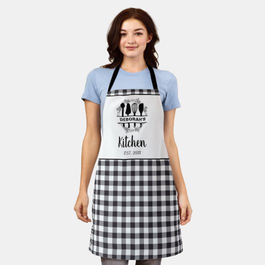 Zwart-wit Buffel Plaid Keukennaam Schort (Gedragen)