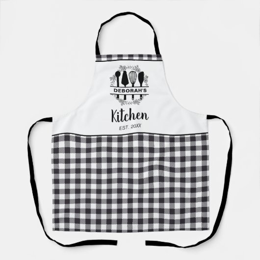 Zwart-wit Buffel Plaid Keukennaam Schort (Voorkant)