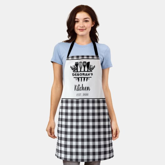 Zwart-wit Buffel Plaid Keukennaam Schort (Gedragen)