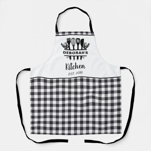 Zwart-wit Buffel Plaid Keukennaam Schort (Voorkant)