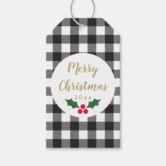 Zwart Wit Buffel Plaid Vrolijk Kerstfeest Cadeaulabel (Voorkant)