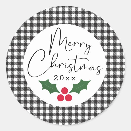 Zwart Wit Buffel Plaid Vrolijk Kerstfeest Ronde Sticker (Voorkant)