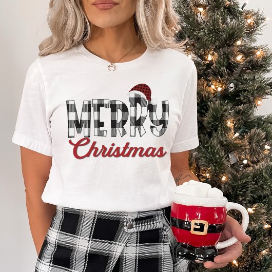 Zwart & Wit Buffel Plaid Vrolijk Kerstfeest T-shirt
