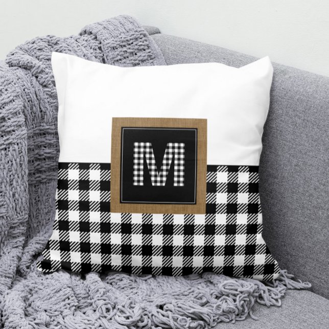  zwart-wit buffelmonogram kussen (Black and White Buffalo Check Gingham Pattern Monogram Pillow )