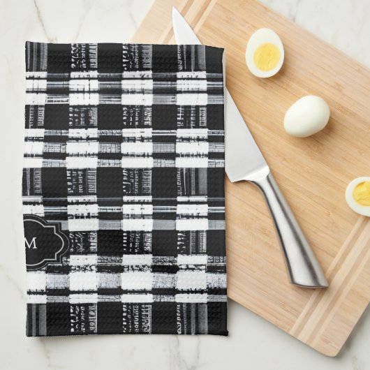 Zwart-wit buffelplaid met monogram theedoek (Quarter Fold)