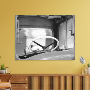 zwart-wit busstuurwiel canvas afdruk
