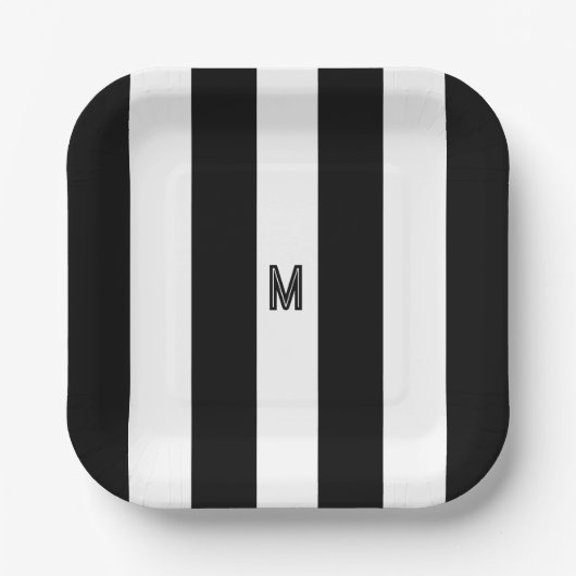 Zwart-wit Cabana Streep Minimale Monogram Papieren Bordje (Voorkant)