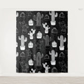 Zwart & Wit Cactus Doodle Patroon Wandkleed (Voorkant)