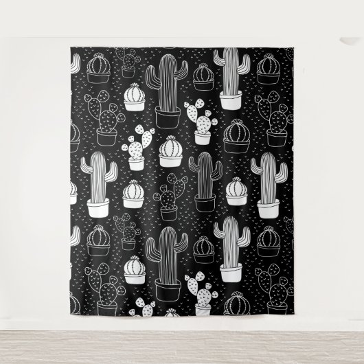 Zwart & Wit Cactus Doodle Patroon Wandkleed (Voorkant)