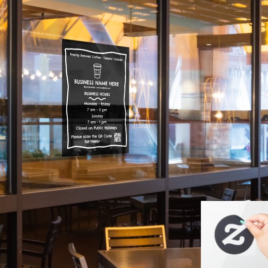 Zwart & Wit Cafe QR Code Bedrijfsuren Raamsticker (Restaurant Raam)