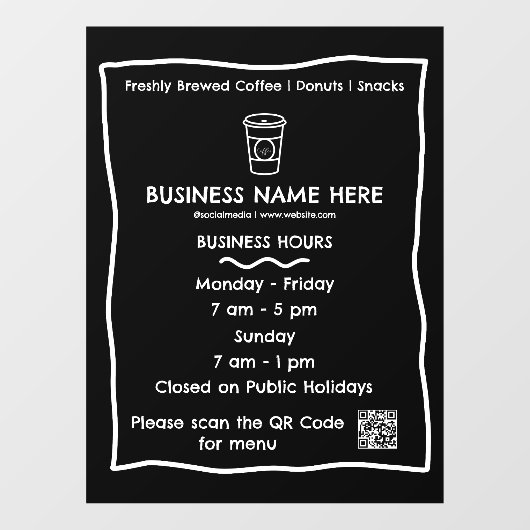 Zwart & Wit Cafe QR Code Openingstijden Raamsticker (Vel)