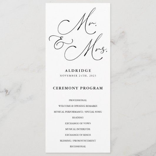 Zwart-Wit Calligrafie Mijnheer en Mevrouw Trouwdag Programmakaart (Voorkant)