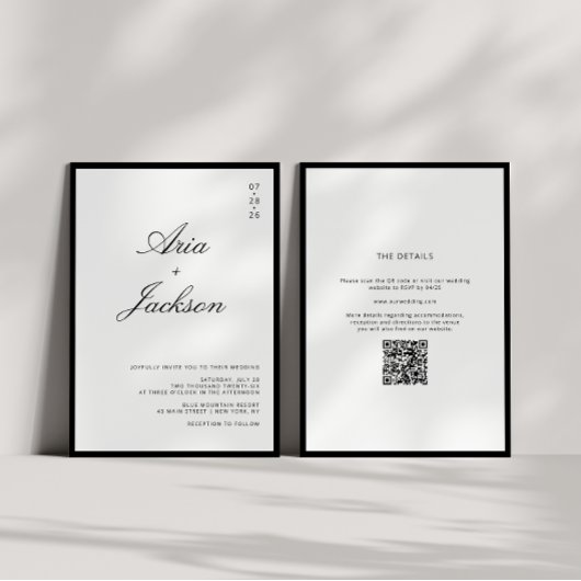 Zwart & Wit Calligrafie Modern QR Code Huwelijk Kaart