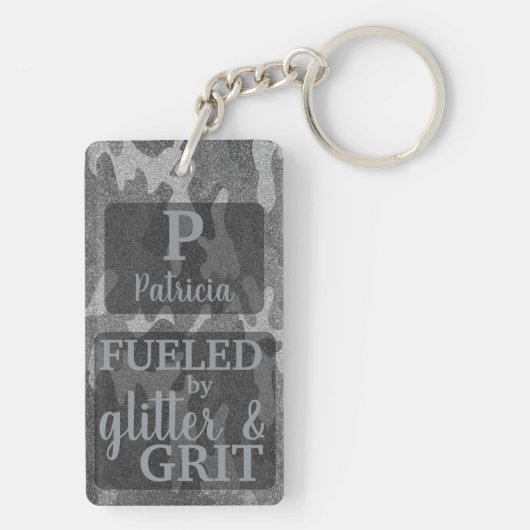 Zwart-wit camouflage glitter camo naam sleutelhanger (achterkant)