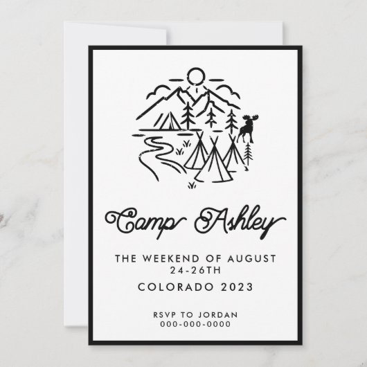 Zwart-wit Camp Bachelorette uitnodiging (Voorkant)