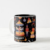 Zwart wit carnaval kinderen verjaardag circus patr tweekleurige koffiemok (Voorkant links)