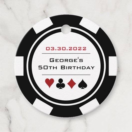 Zwart-wit casino Poker Chip Birthday Bedankjes Labels (Voorkant)