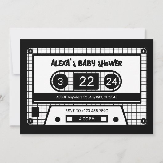 Zwart-wit cassette tape baby shower kaart (Voorkant)