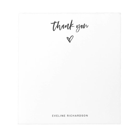 Zwart-wit Casual script en hart Dank u Notitieblok (Voorkant)