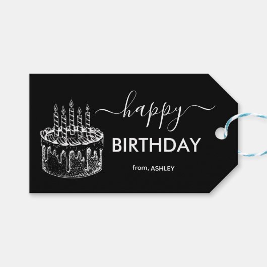 Zwart-wit Casual Script Type Happy Birthday Cadeaulabel (Voorkant (Horizontaal))