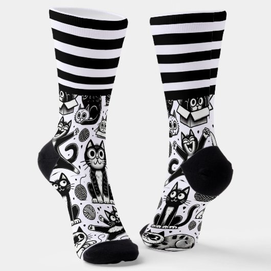 Zwart & Wit Cat Pattern Sokken met Stijlvolle Stre (Gebogen)