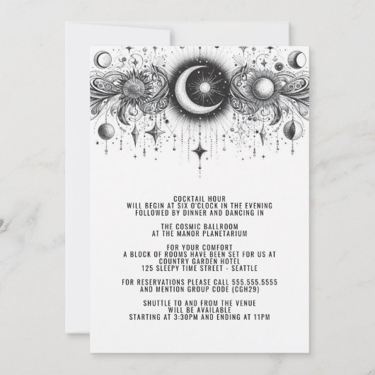 Zwart & Wit Celestial met Details Bruiloft Kaart (Achterkant)