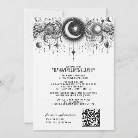 Zwart & Wit Celestial met Details Bruiloft Kaart (Achterkant)