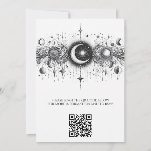Zwart & Wit Celestial met QR Code Bruiloft Kaart (Achterkant)