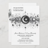 Zwart & Wit Celestial met QR Code Bruiloft Kaart (Voorkant / Achterkant)