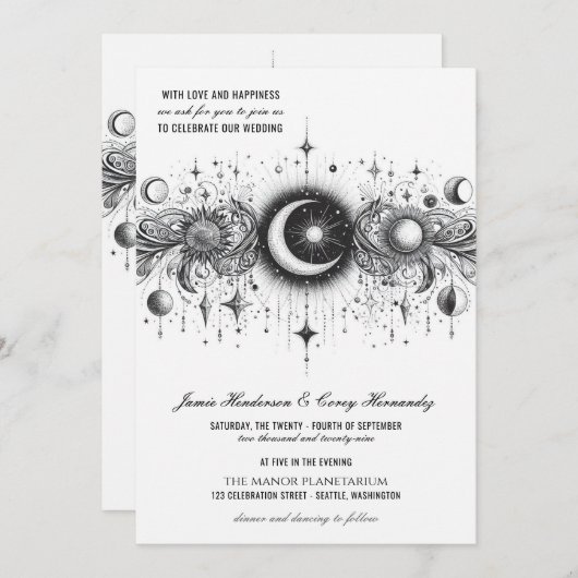 Zwart & Wit Celestial met QR Code Bruiloft Kaart (Voorkant / Achterkant)