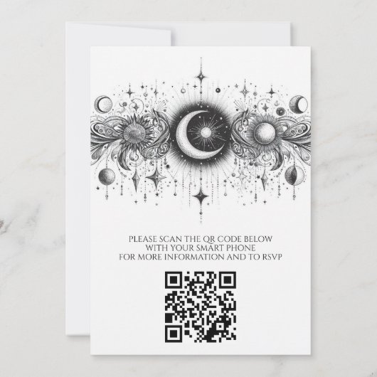 Zwart & Wit Celestial met QR Code Bruiloft Kaart (Achterkant)