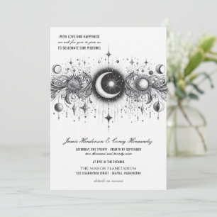 Zwart & Wit Celestial met QR Code Bruiloft Kaart