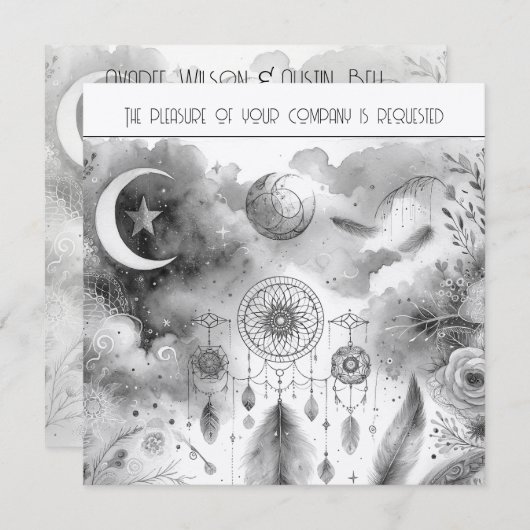 Zwart Wit Celestial Moon Dream Catcher Bruiloft Kaart (Voorkant / Achterkant)