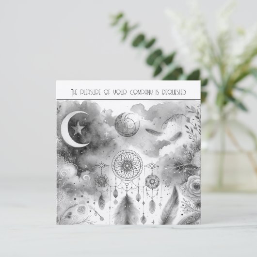 Zwart Wit Celestial Moon Dream Catcher Bruiloft Kaart (Staand voorkant)