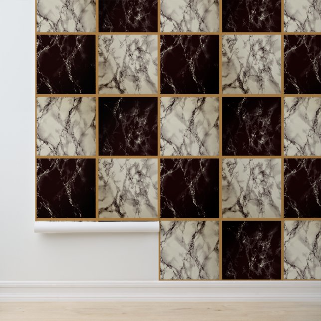 Zwart Wit Check Marble Behang (Applicatie)