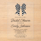 Zwart-wit Checker Bow Vrijgezellenfeest Acryl Uitnodigingen (Voorkant)