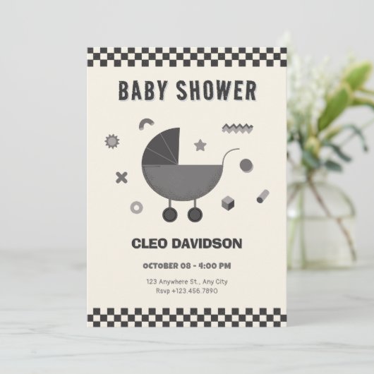Zwart wit Checkered baby kinderwagen baby shower Kaart (Staand voorkant)