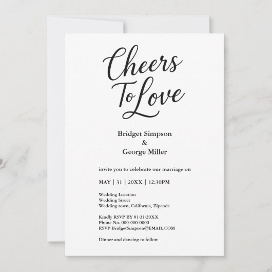 Zwart-wit Cheers to Love Elegant Wedding charme Kaart (Voorkant)