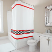 Zwart wit cheque met rode streep douchegordijn (In situ)